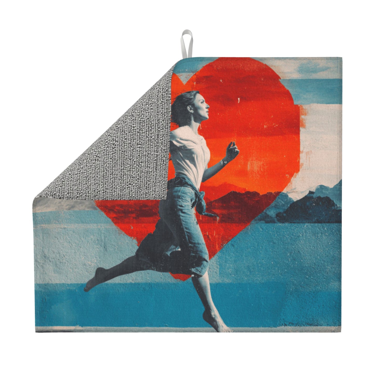 Running Girl & Red Heart Art Kitchen Drying Mat – Anti-Slip Counter Protector 18×16in