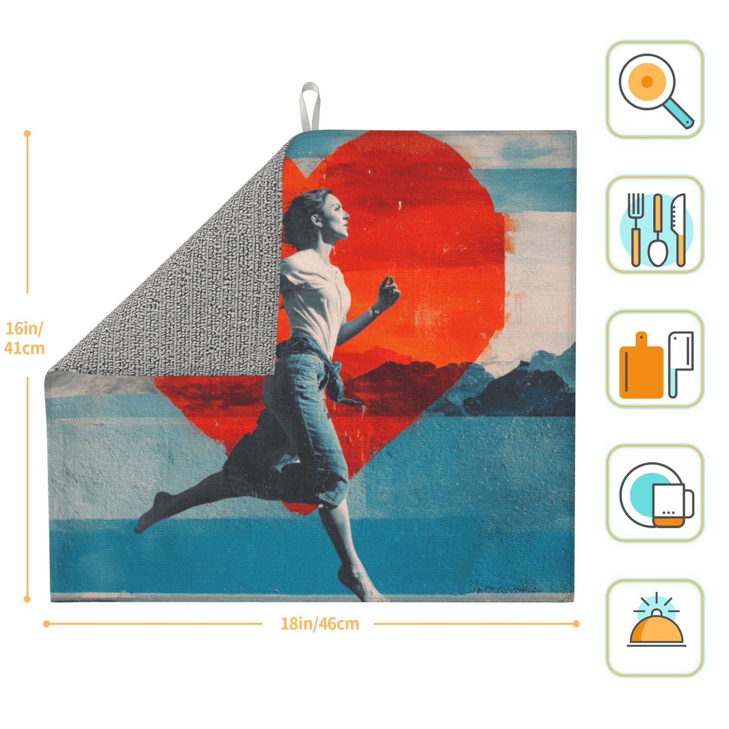 Running Girl & Red Heart Art Kitchen Drying Mat – Anti-Slip Counter Protector 18×16in