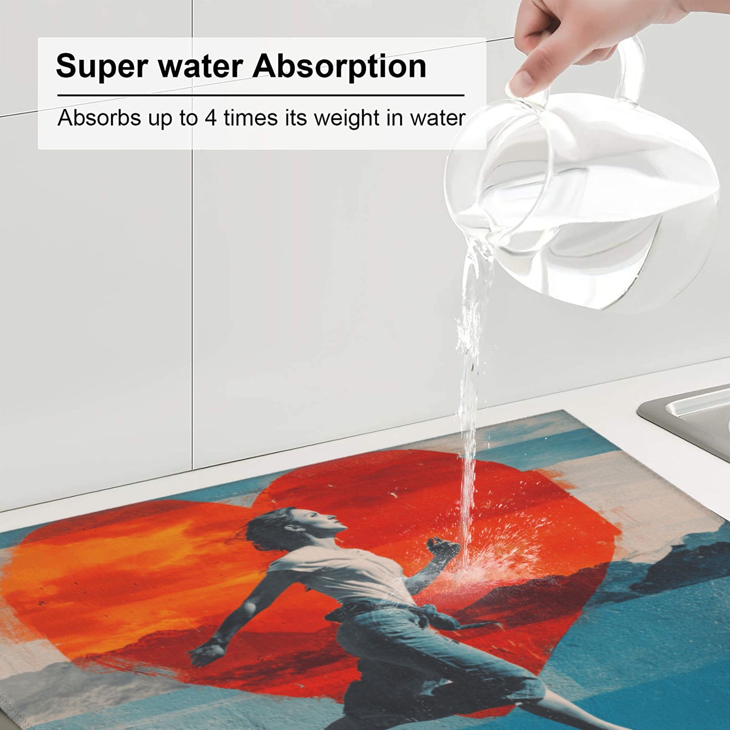 Running Girl & Red Heart Art Kitchen Drying Mat – Anti-Slip Counter Protector 18×16in