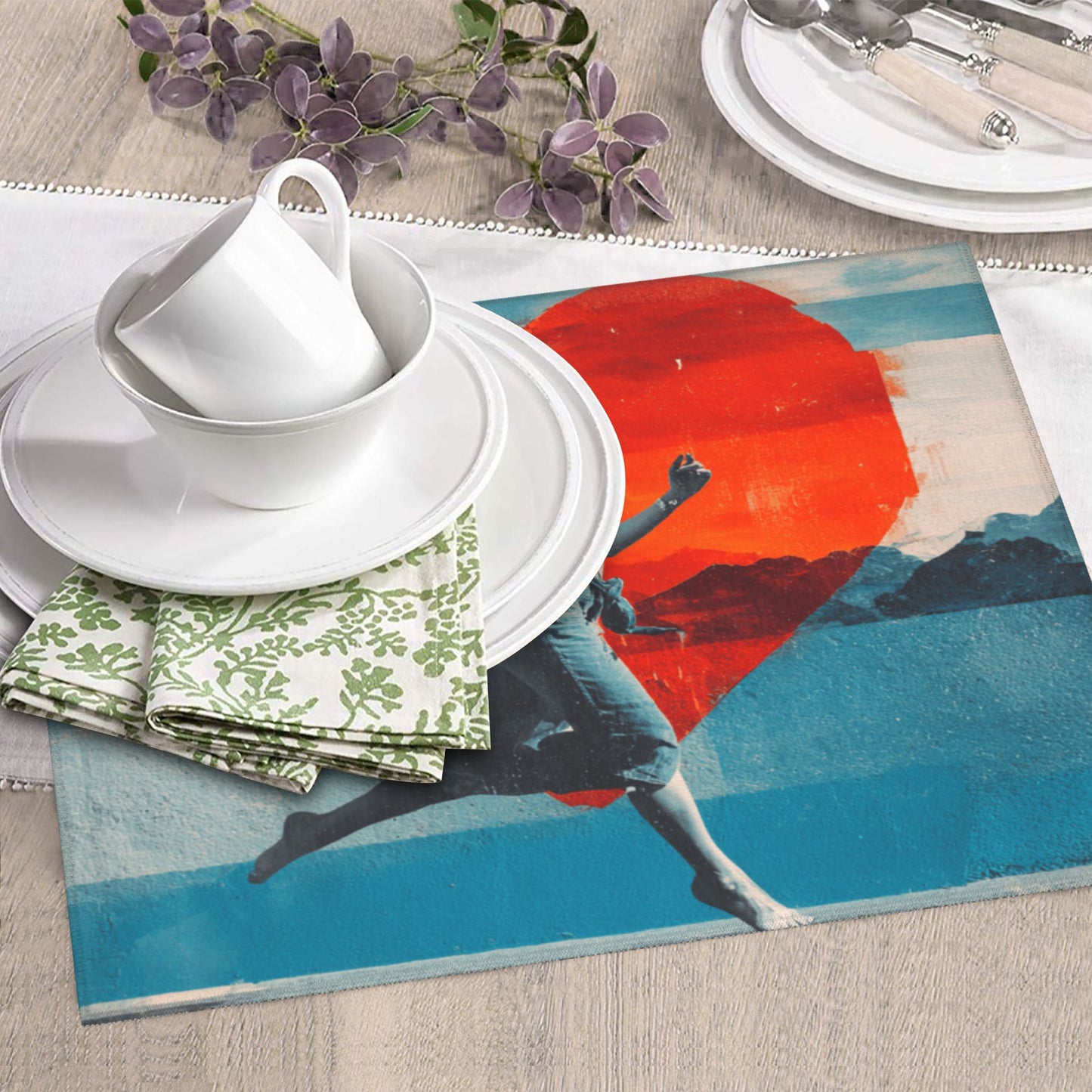 Running Girl & Red Heart Art Kitchen Drying Mat – Anti-Slip Counter Protector 18×16in
