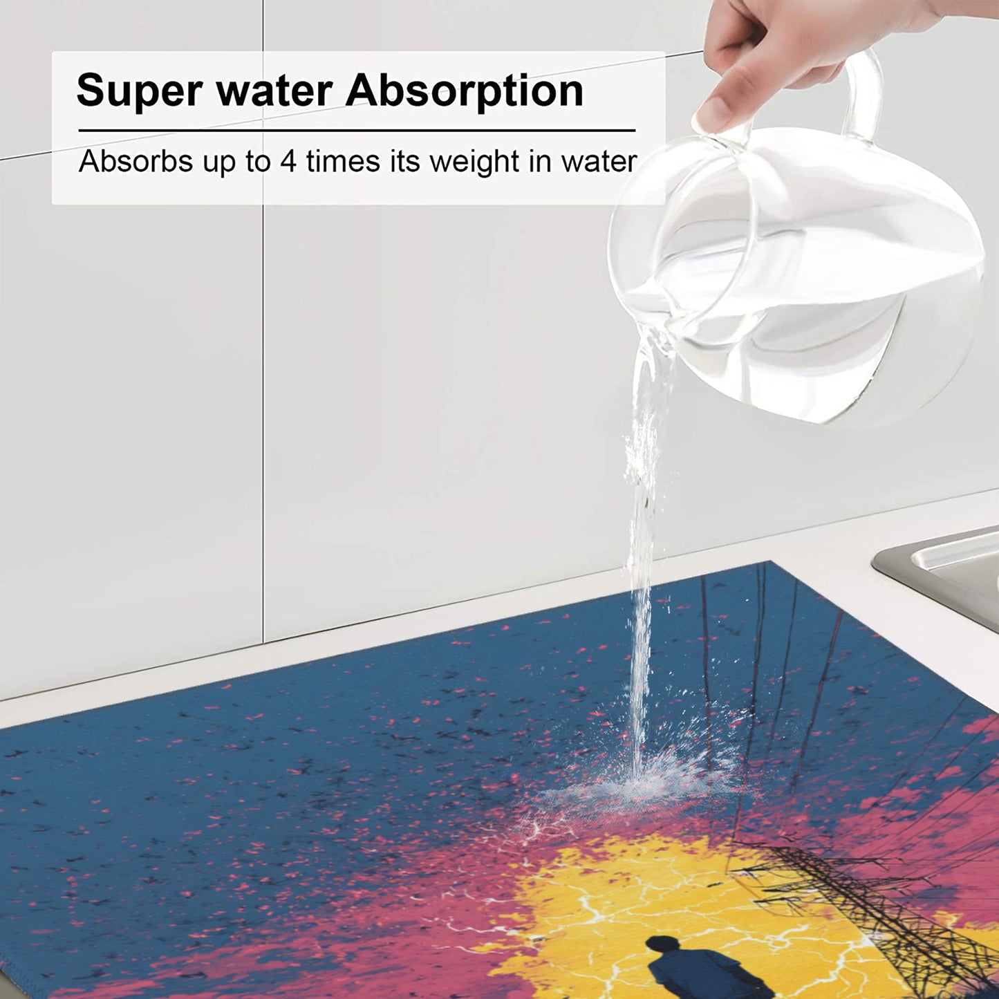 Electric Surge Kitchen Drying Mat – Power Tower Abstract Art 18×16in
