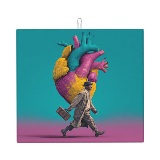Vintage Art Drying Mat – Abstract Heart & Gentleman Design | Anti-Slip Kitchen Counter Mat 18×16in
