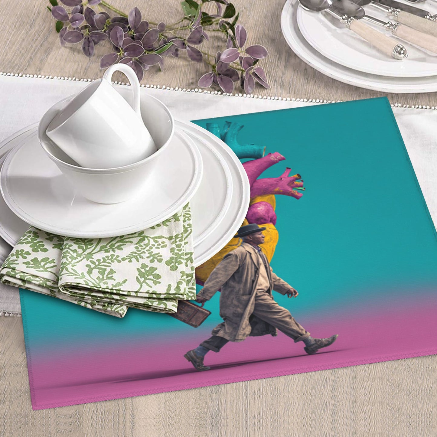 Vintage Art Drying Mat – Abstract Heart & Gentleman Design | Anti-Slip Kitchen Counter Mat 18×16in
