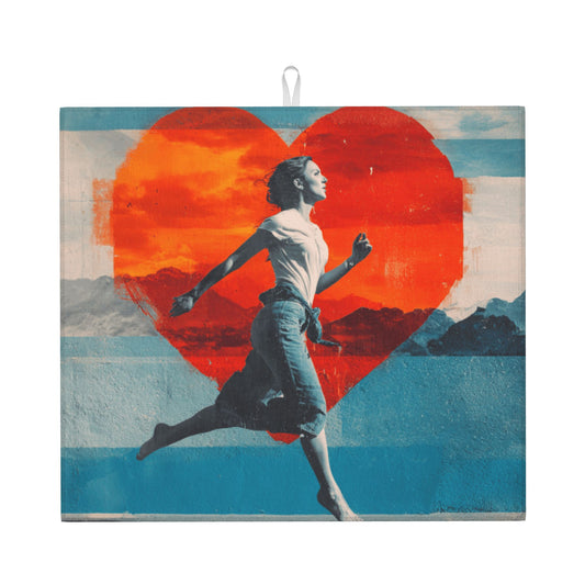Running Girl & Red Heart Art Kitchen Drying Mat – Anti-Slip Counter Protector 18×16in