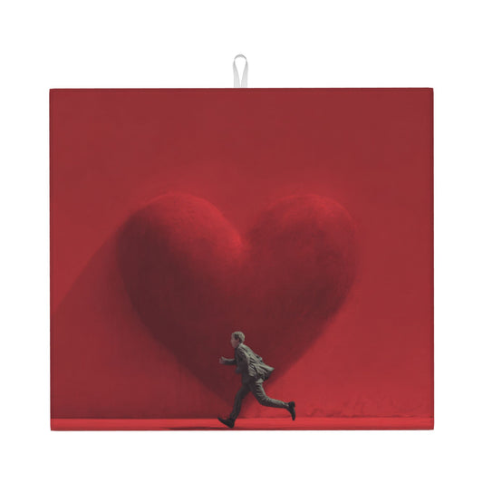 Red Heart & Running Man Art Kitchen Drying Mat – Anti-Slip Absorbent Counter Pad 18×16in