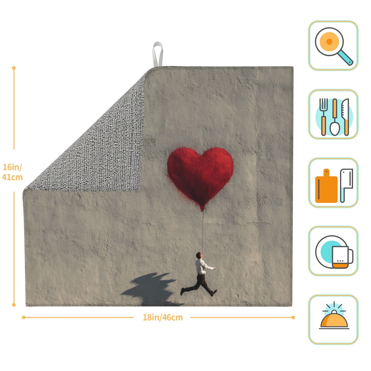 Running Man with Heart Balloon Kitchen Drying Mat – Artistic Counter Pad 18×16in