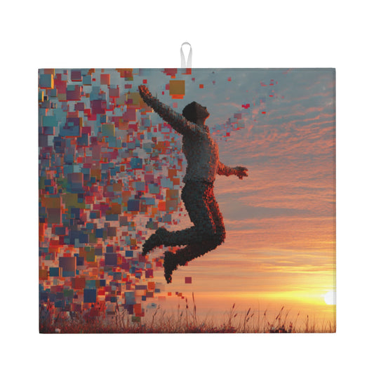Pixelated Leap Sunset Kitchen Drying Mat – Artistic Counter Pad 18×16in