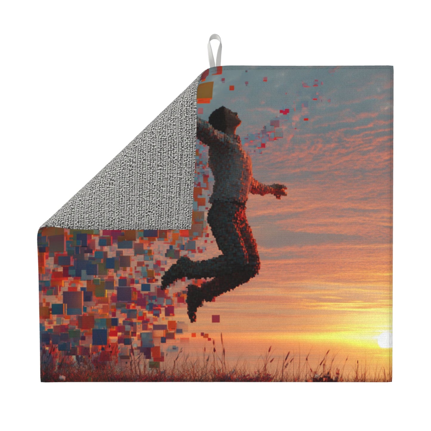 Pixelated Leap Sunset Kitchen Drying Mat – Artistic Counter Pad 18×16in