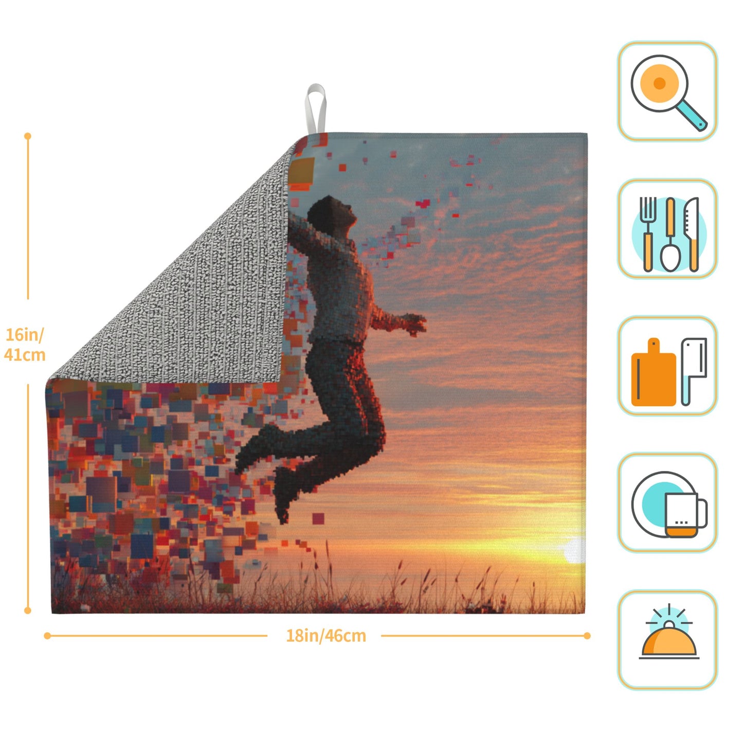 Pixelated Leap Sunset Kitchen Drying Mat – Artistic Counter Pad 18×16in