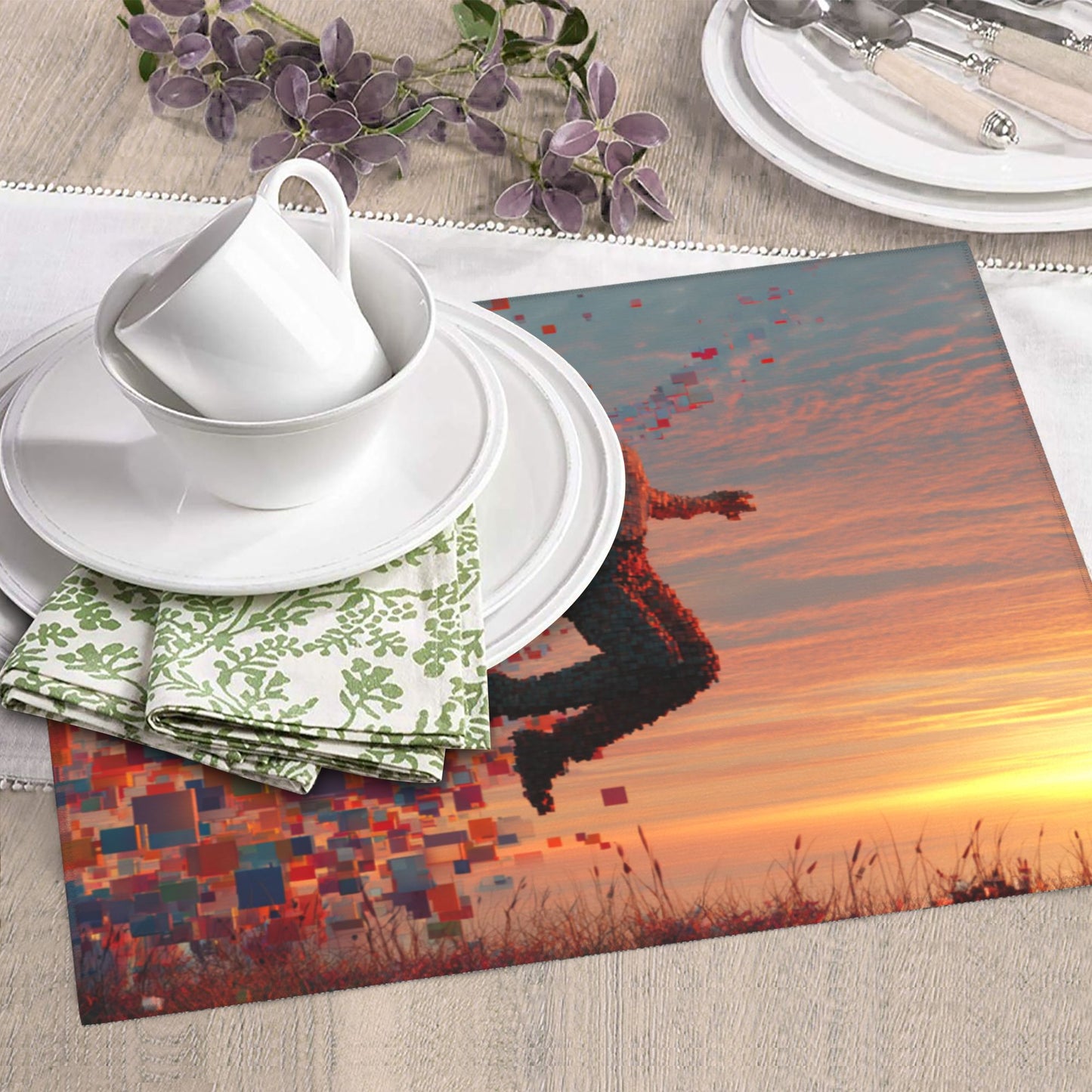 Pixelated Leap Sunset Kitchen Drying Mat – Artistic Counter Pad 18×16in