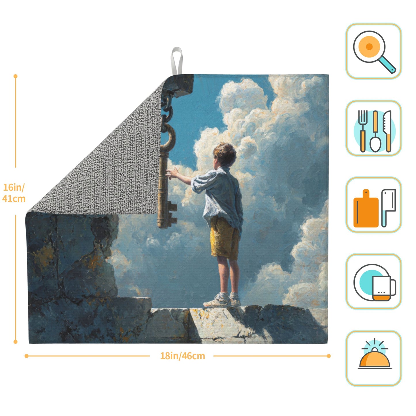Dream Gate Kitchen Drying Mat – Cloud Key & Child Fantasy Art 18×16in