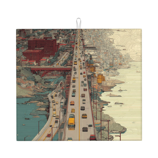 Urban Bridge Art Kitchen Drying Mat – Retro City Illustration Style 18×16in