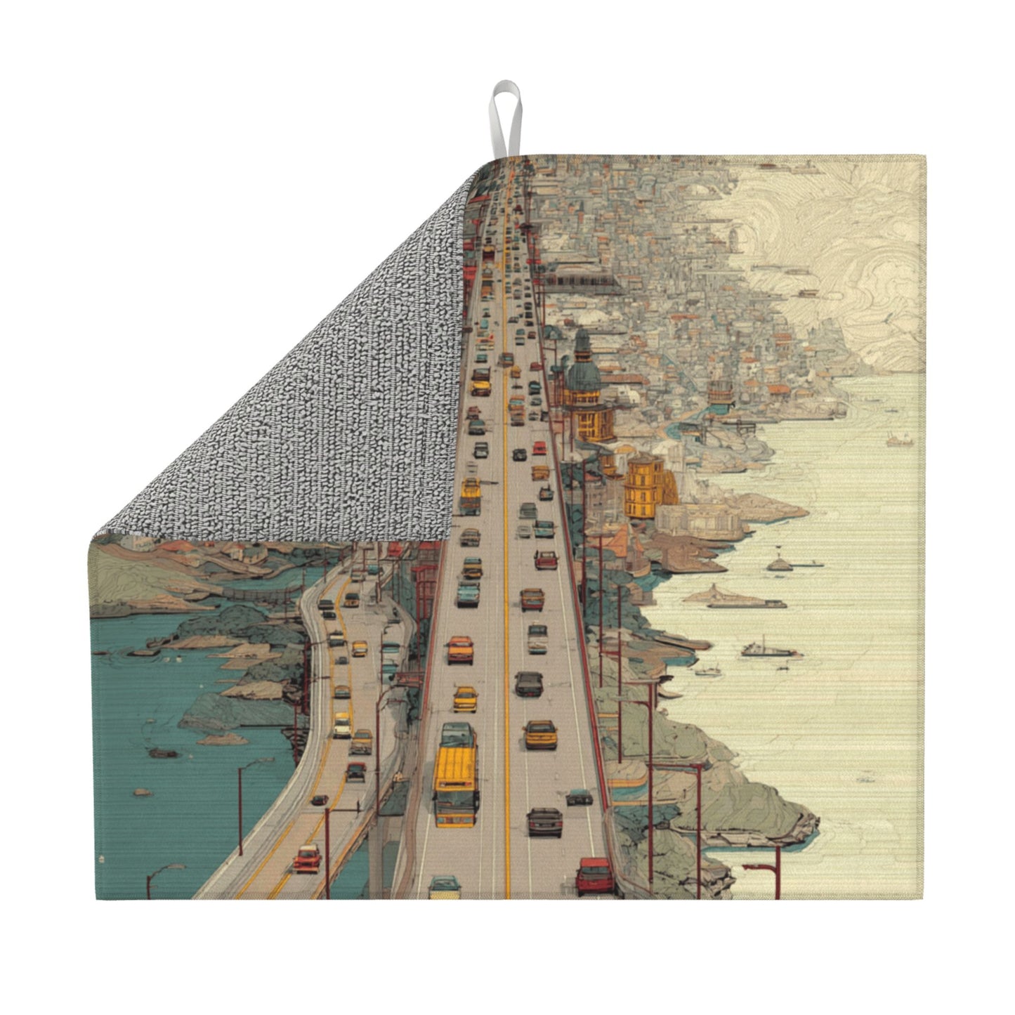 Urban Bridge Art Kitchen Drying Mat – Retro City Illustration Style 18×16in