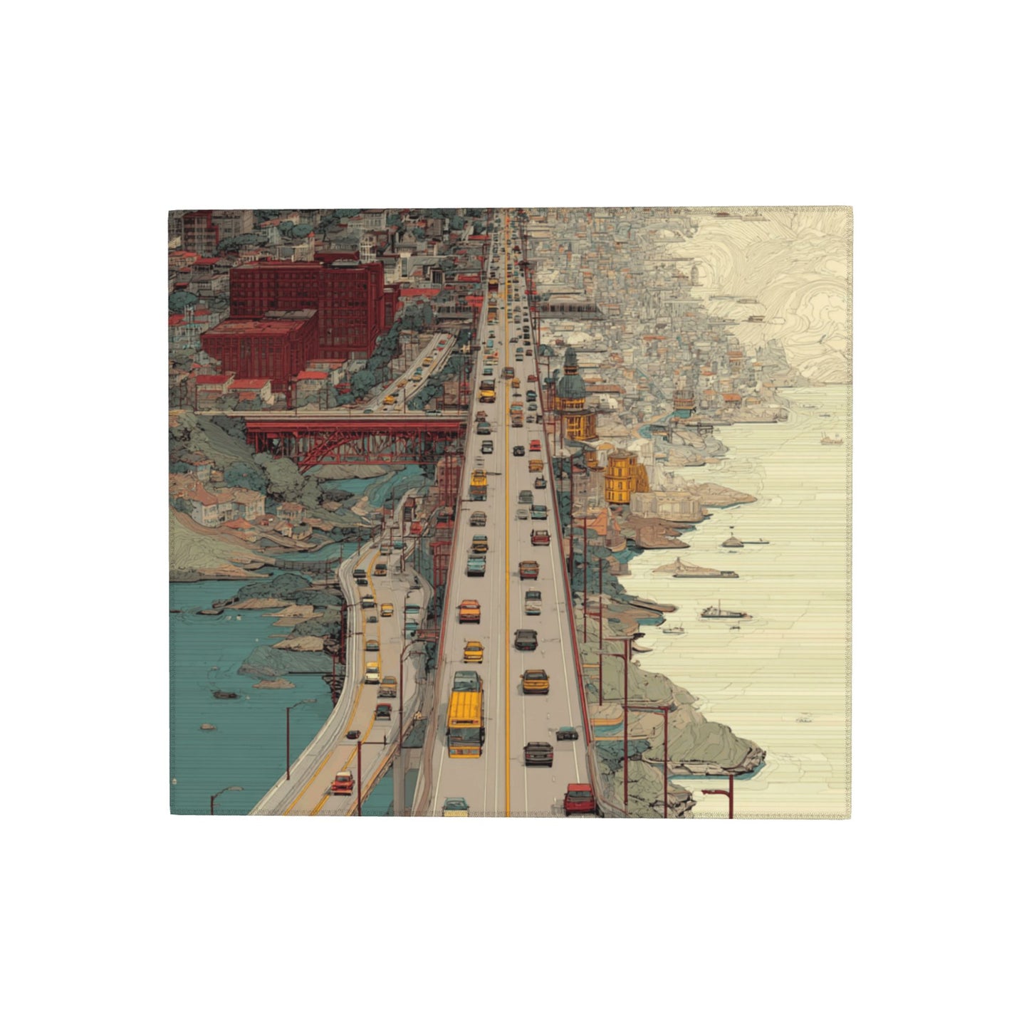 Urban Bridge Art Kitchen Drying Mat – Retro City Illustration Style 18×16in