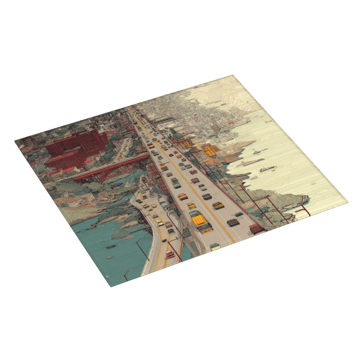 Urban Bridge Art Kitchen Drying Mat – Retro City Illustration Style 18×16in