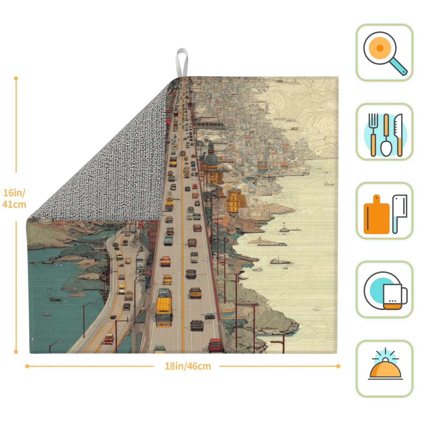 Urban Bridge Art Kitchen Drying Mat – Retro City Illustration Style 18×16in