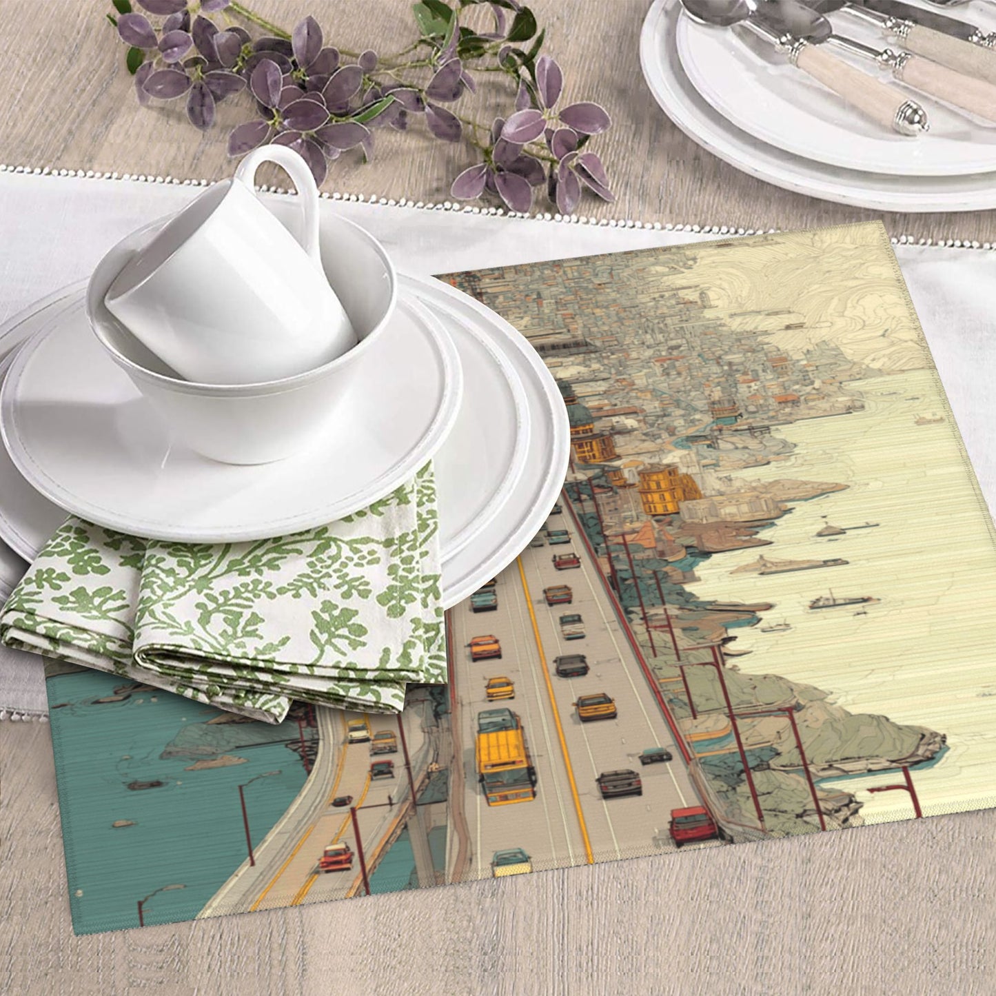 Urban Bridge Art Kitchen Drying Mat – Retro City Illustration Style 18×16in